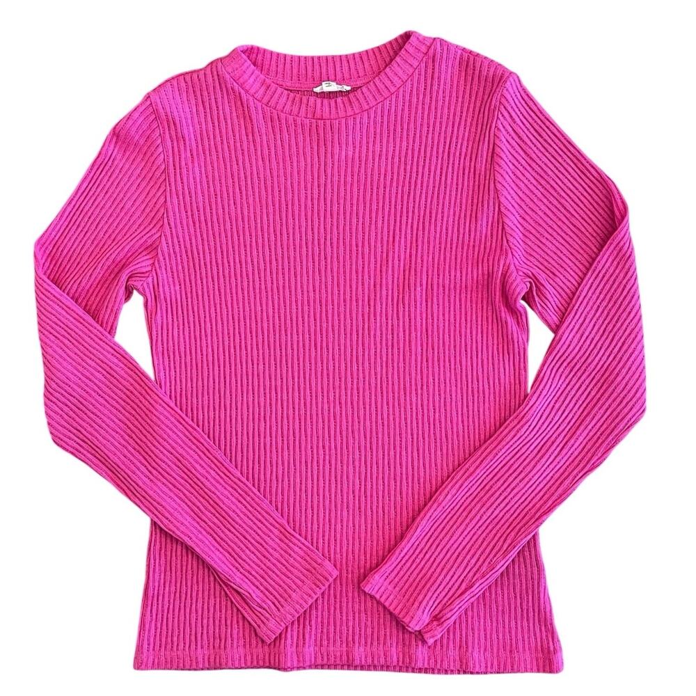 Anthropologie Pilcro Rib Knit Top L Hot Pink Elevated Basic Crewneck Long Sleeve
